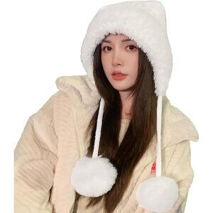 Women White  Winter Sherpa Beanie Hats Knit Ear Flaps Peruvian Cover Ears